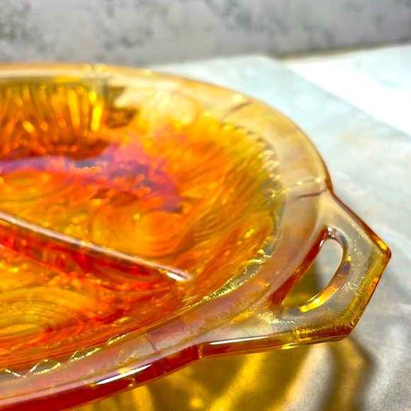 Carnival Glass Iridescent Marigold Divided Relish Dish with Handle Indiana Glass - Picture 2 of 9
